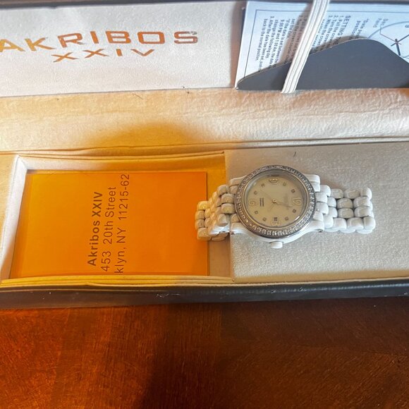Akribos XXIV Womens Diamond Ceramic Watch  White Band & Silver Accents - Picture 3 of 7